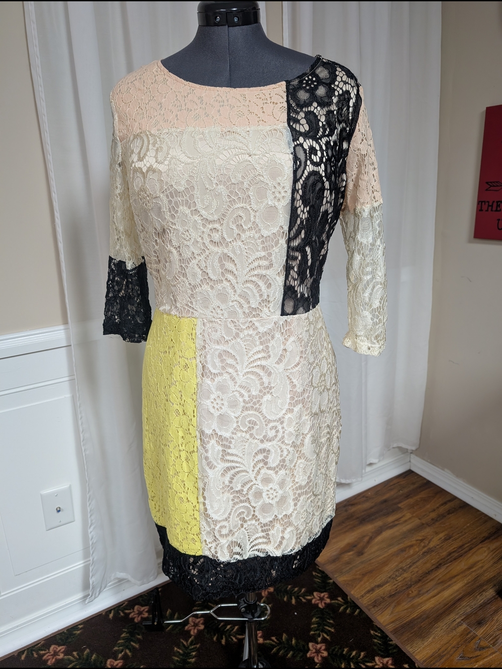Bar III Patchwork Lace Long-Sleeve Dress in Cream, Black & Yellow
